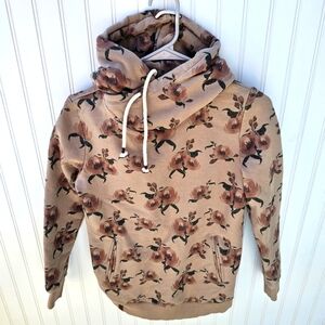 & Ampersand Avenue Floral Tan Sweater W/rope Drawstrings Womans Small